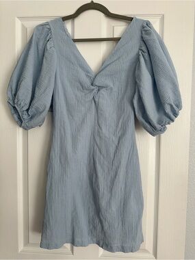 H&M Light Blue Puff-Sleeve Mini Dress (100% Cotton)